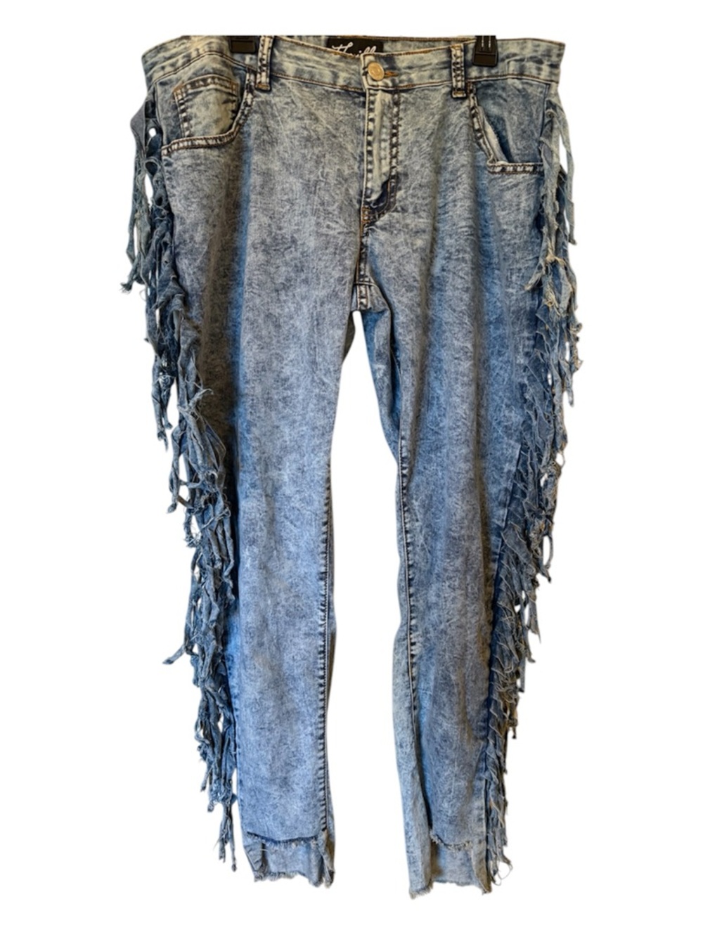 Thrill Acid Wash Fringe Jeans 1X 31” Inseam Boho Festival Western Denim